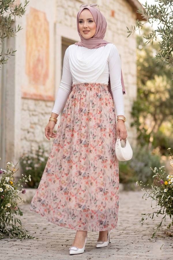 Mds - Floral Desenli Beli Lastikli Şifon Tül Etek Krem