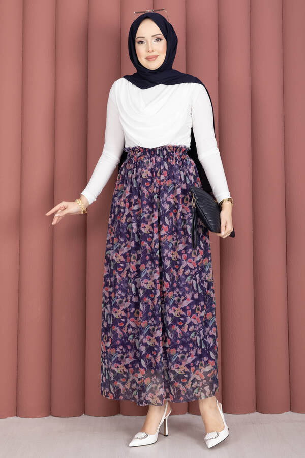 Floral Desenli Beli Lastikli Şifon Tül Etek Lacivert - 3
