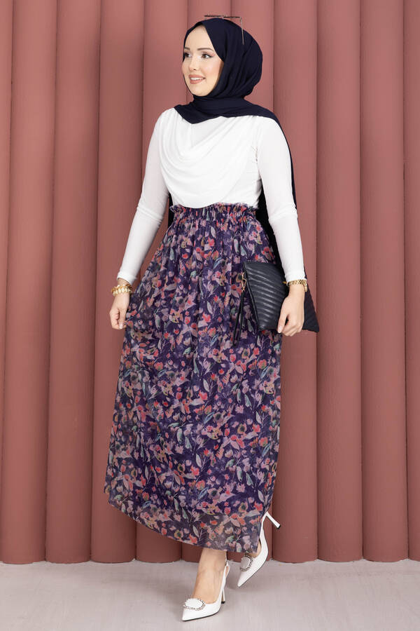 Floral Desenli Beli Lastikli Şifon Tül Etek Lacivert - 4