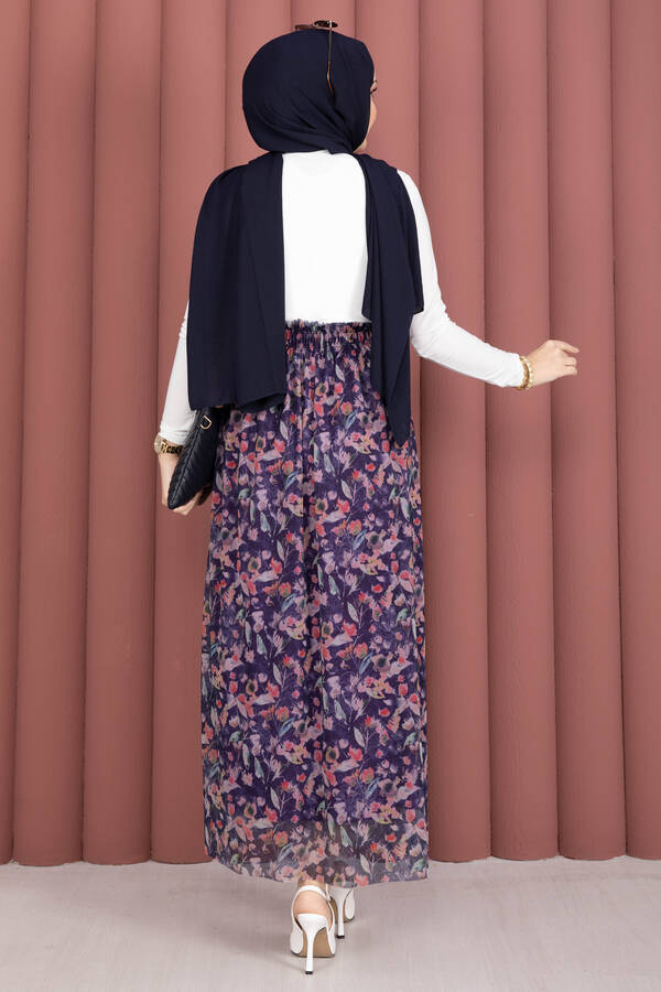 Floral Desenli Beli Lastikli Şifon Tül Etek Lacivert - 5