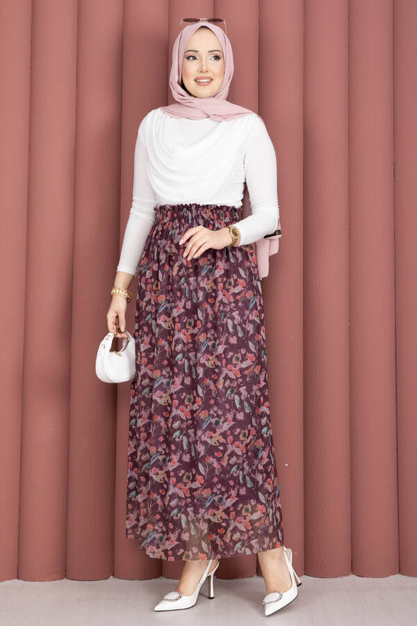 Floral Desenli Beli Lastikli Şifon Tül Etek Mürdüm - 3