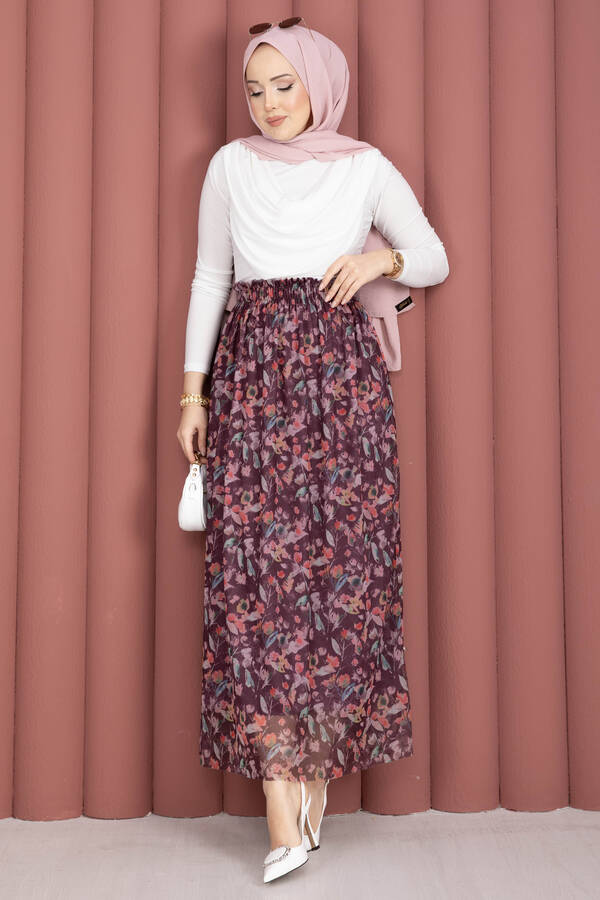 Floral Desenli Beli Lastikli Şifon Tül Etek Mürdüm - 4
