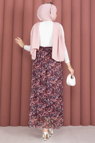 Floral Desenli Beli Lastikli Şifon Tül Etek Mürdüm - Thumbnail