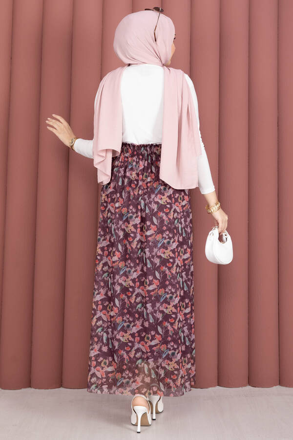 Floral Desenli Beli Lastikli Şifon Tül Etek Mürdüm - 5