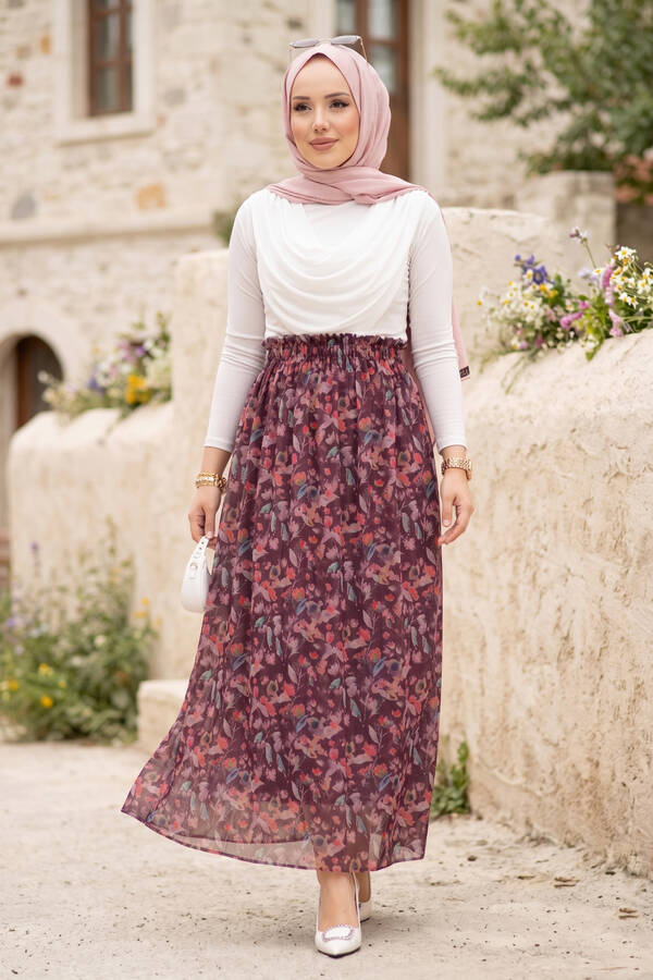 Mds - Floral Desenli Beli Lastikli Şifon Tül Etek Mürdüm