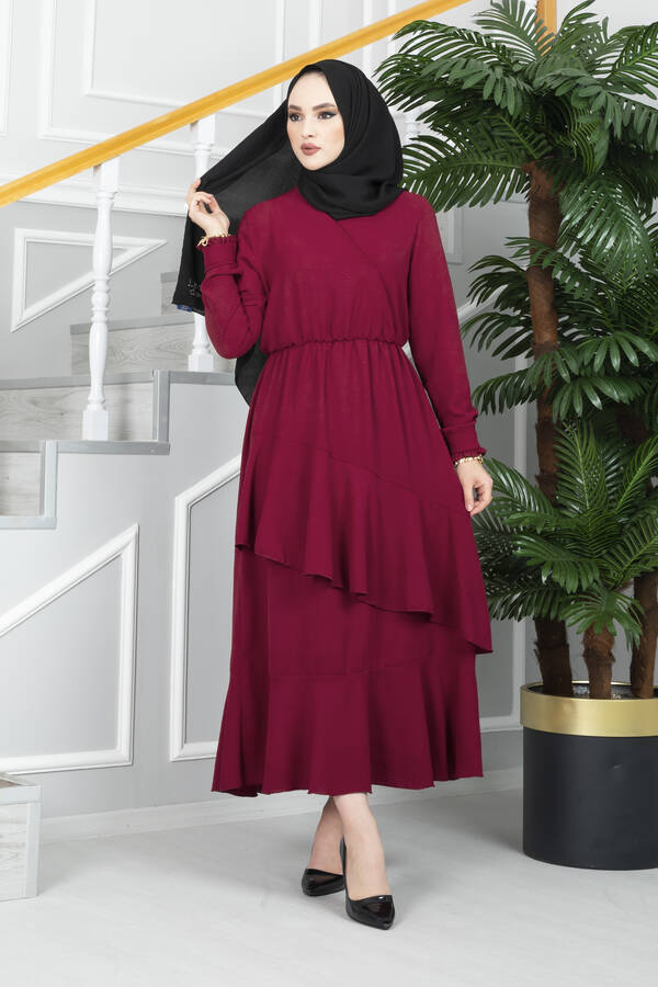 E - Frill Tesettür Elbise Bordo