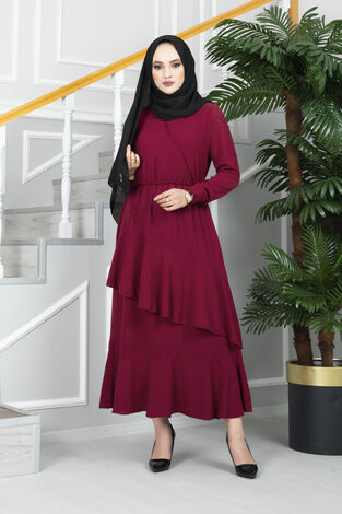 Frill Tesettür Elbise Bordo - Thumbnail