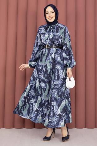 Fular Yakalı Desenli Tesettür Elbise Lacivert