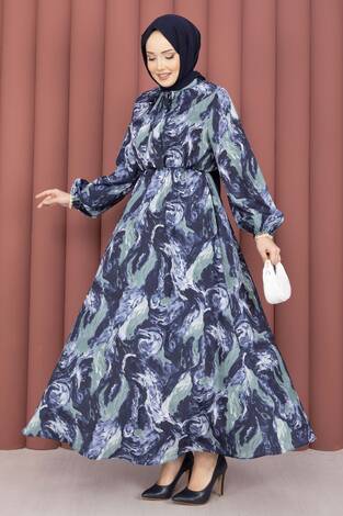 Fular Yakalı Desenli Tesettür Elbise Lacivert - Thumbnail
