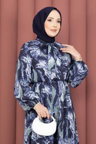 Fular Yakalı Desenli Tesettür Elbise Lacivert - Thumbnail