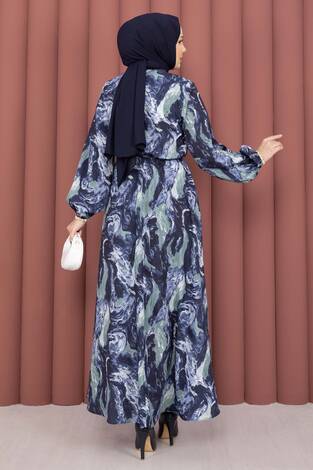 Fular Yakalı Desenli Tesettür Elbise Lacivert - Thumbnail