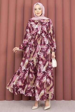Fular Yakalı Desenli Tesettür Elbise Mürdüm
