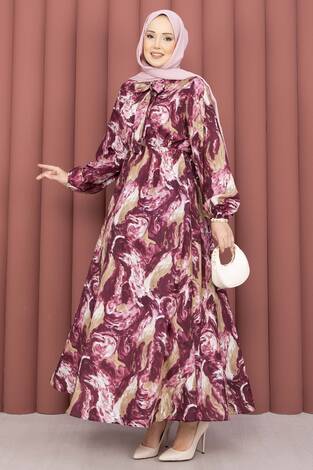 Fular Yakalı Desenli Tesettür Elbise Mürdüm - Thumbnail