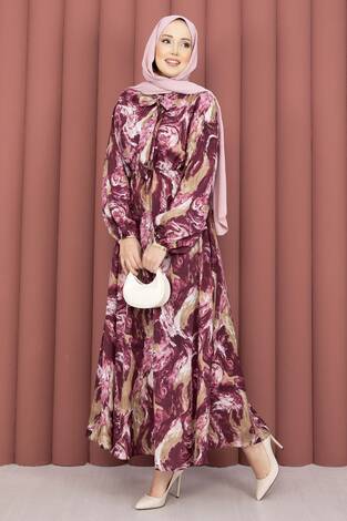 Fular Yakalı Desenli Tesettür Elbise Mürdüm - Thumbnail