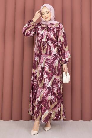 Fular Yakalı Desenli Tesettür Elbise Mürdüm - Thumbnail