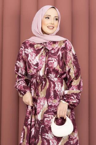 Fular Yakalı Desenli Tesettür Elbise Mürdüm - Thumbnail