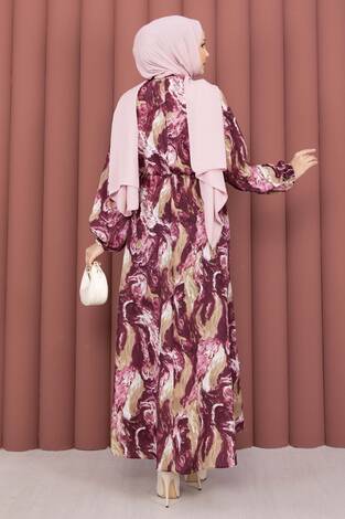 Fular Yakalı Desenli Tesettür Elbise Mürdüm - Thumbnail