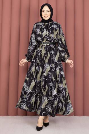 Fular Yakalı Desenli Tesettür Elbise Siyah - Thumbnail