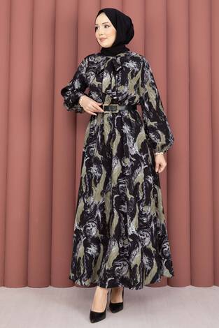 Fular Yakalı Desenli Tesettür Elbise Siyah - Thumbnail