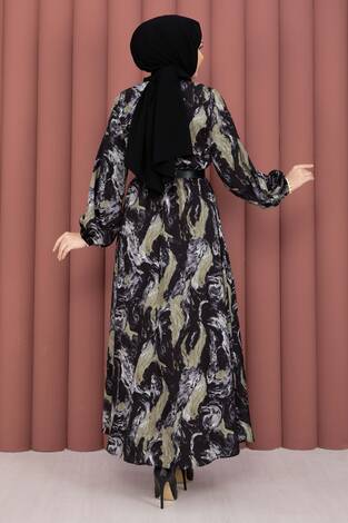 Fular Yakalı Desenli Tesettür Elbise Siyah - Thumbnail