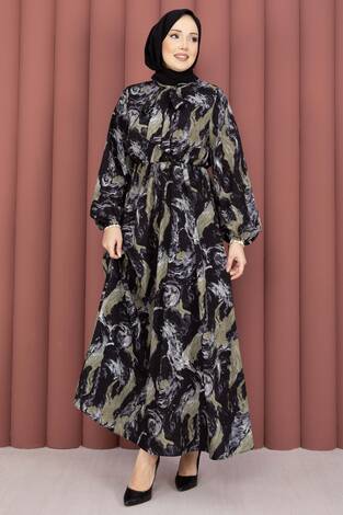 Fular Yakalı Desenli Tesettür Elbise Siyah - Thumbnail