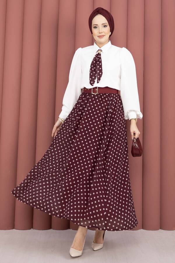 Htn - Fularlı Gömlek & Puantiyeli Kemerli Etek Takım Bordo