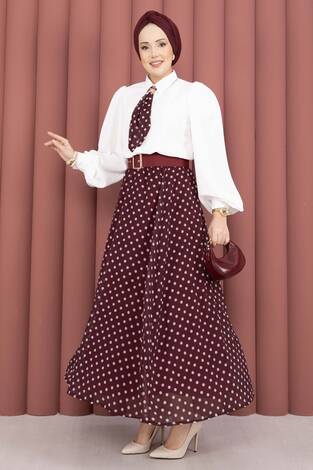 Fularlı Gömlek & Puantiyeli Kemerli Etek Takım Bordo - Thumbnail