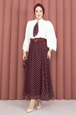 Fularlı Gömlek & Puantiyeli Kemerli Etek Takım Bordo - Thumbnail
