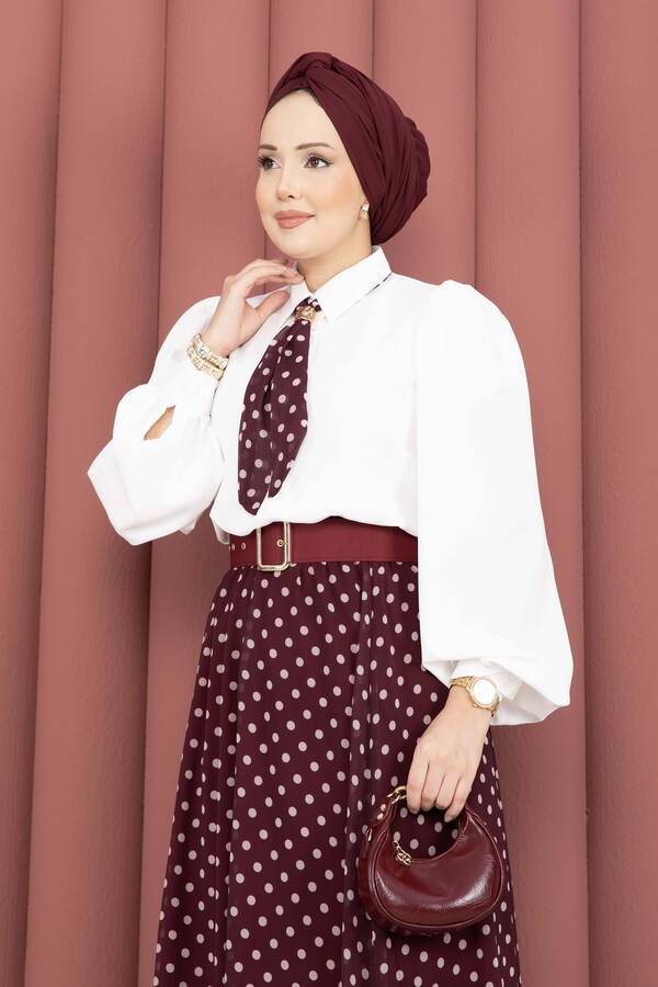 Htn - Fularlı Gömlek & Puantiyeli Kemerli Etek Takım Bordo (1)