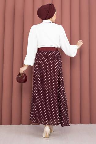 Fularlı Gömlek & Puantiyeli Kemerli Etek Takım Bordo - Thumbnail