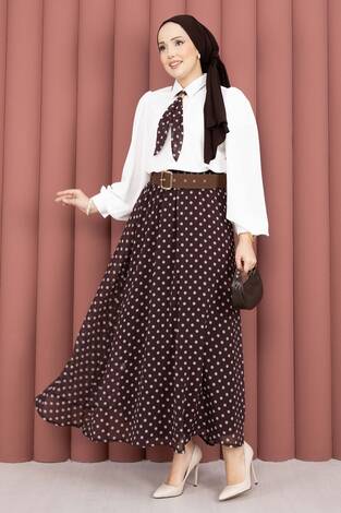 Fularlı Gömlek & Puantiyeli Kemerli Etek Takım Kahve - Thumbnail