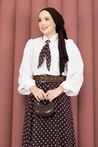 Fularlı Gömlek & Puantiyeli Kemerli Etek Takım Kahve - Thumbnail