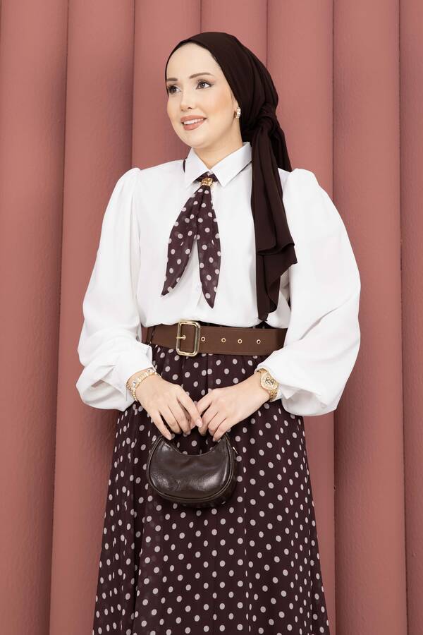 Htn - Fularlı Gömlek & Puantiyeli Kemerli Etek Takım Kahve (1)