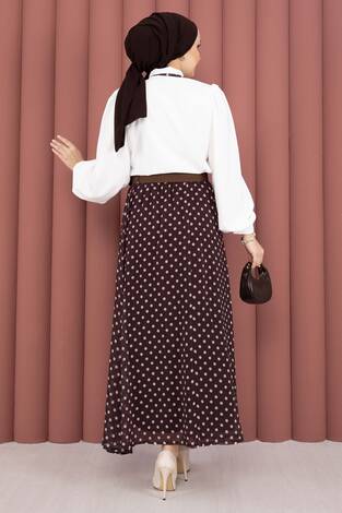 Fularlı Gömlek & Puantiyeli Kemerli Etek Takım Kahve - Thumbnail