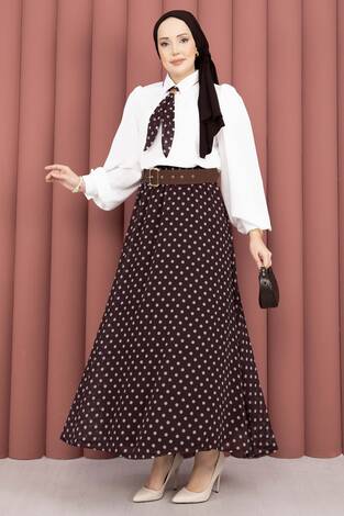 Fularlı Gömlek & Puantiyeli Kemerli Etek Takım Kahve - Thumbnail