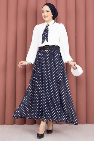 Fularlı Gömlek & Puantiyeli Kemerli Etek Takım Lacivert - Thumbnail