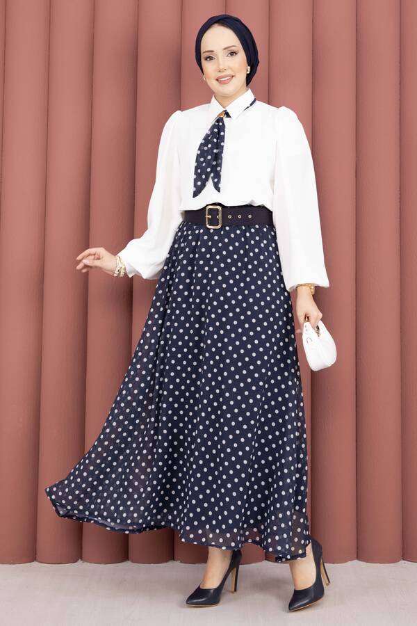 Htn - Fularlı Gömlek & Puantiyeli Kemerli Etek Takım Lacivert