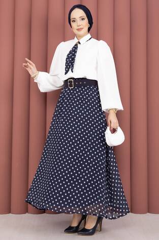 Fularlı Gömlek & Puantiyeli Kemerli Etek Takım Lacivert - Thumbnail