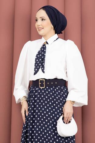 Fularlı Gömlek & Puantiyeli Kemerli Etek Takım Lacivert - Thumbnail