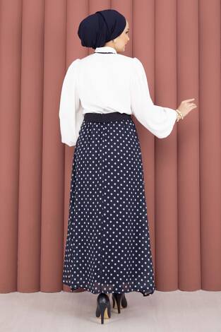 Fularlı Gömlek & Puantiyeli Kemerli Etek Takım Lacivert - Thumbnail