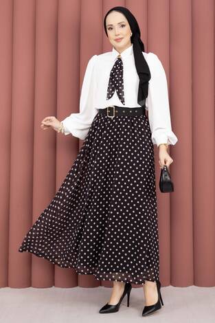 Fularlı Gömlek & Puantiyeli Kemerli Etek Takım Siyah - Thumbnail