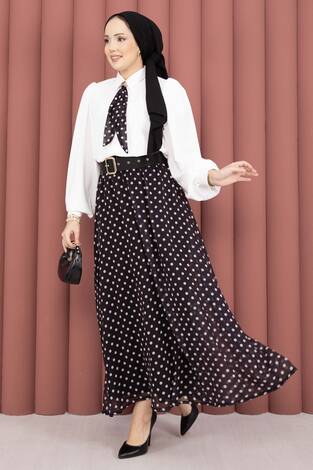 Fularlı Gömlek & Puantiyeli Kemerli Etek Takım Siyah