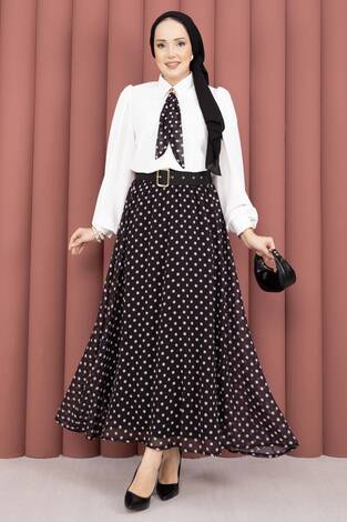 Fularlı Gömlek & Puantiyeli Kemerli Etek Takım Siyah - Thumbnail