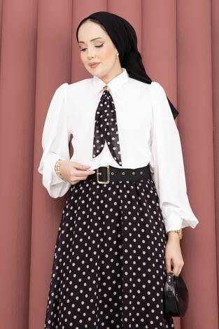 Fularlı Gömlek & Puantiyeli Kemerli Etek Takım Siyah - Thumbnail