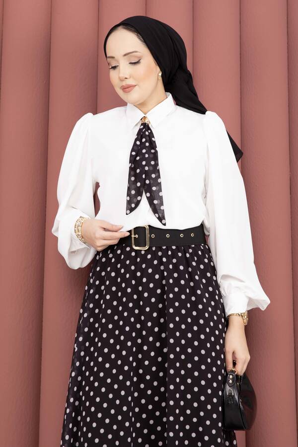 Htn - Fularlı Gömlek & Puantiyeli Kemerli Etek Takım Siyah (1)