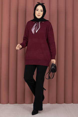 Fularlı Polo Yaka Triko Kazak Bordo