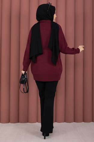 Fularlı Polo Yaka Triko Kazak Bordo - Thumbnail