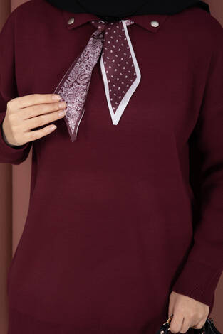Fularlı Polo Yaka Triko Kazak Bordo - Thumbnail