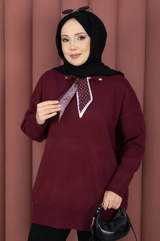 Fularlı Polo Yaka Triko Kazak Bordo - Thumbnail