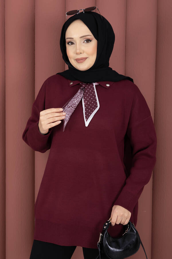 RAF - Fularlı Polo Yaka Triko Kazak Bordo (1)